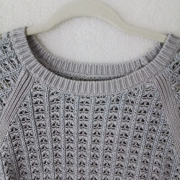 Loft Open Knit Sweater Size Small in Beige w/ Metallic Silver Threads - Picture 8 of 11